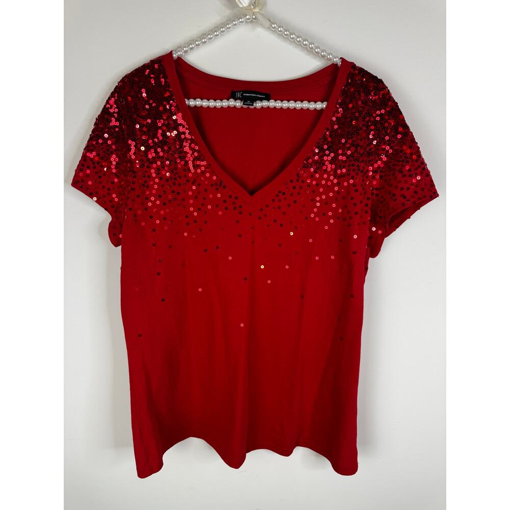 INC Valentine Red v-neck t-shirt sparkle cascade XL
